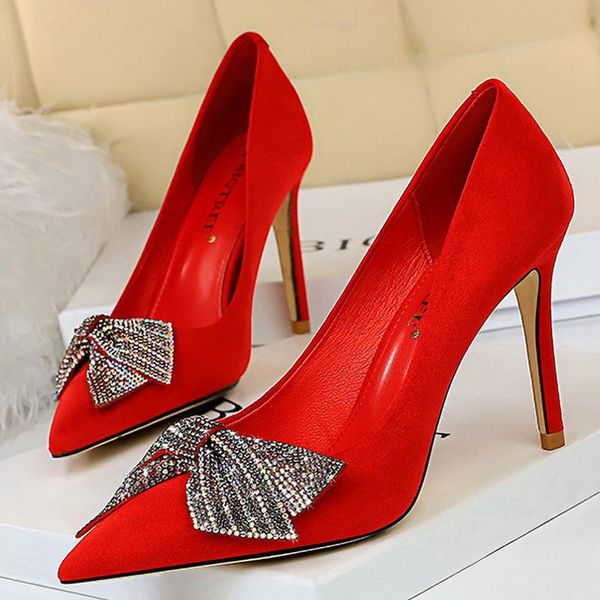 

dress shoes women pumps crystal bowknot wedding high heels flock party stiletto bigtree plus size 41 43, Black