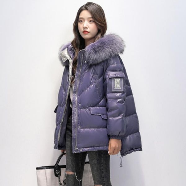 

women's down & parkas natural fur hooded jacket women irregular warm loose coat 90% white duck parka snow outerwear, Black