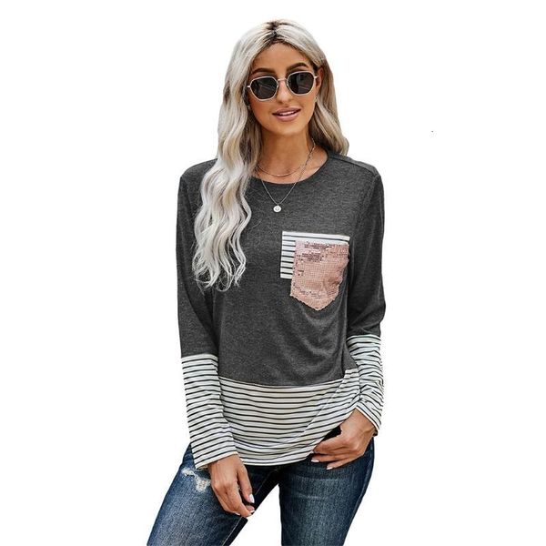 

women's t-shirt women long sleeve color block striped shirts sequins pocket patchwork tunic bx0a cw4g, White