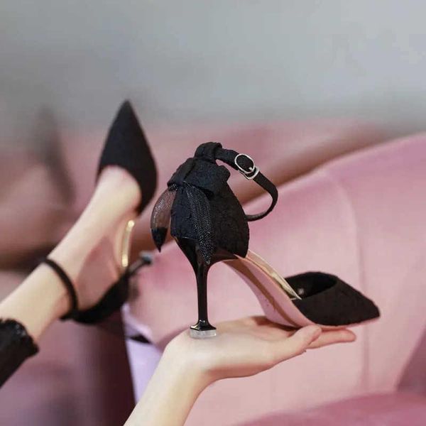 

sandals women fashion bow heels summer buckle strap party dress shoes woman pointed toe thin high 2021, Black