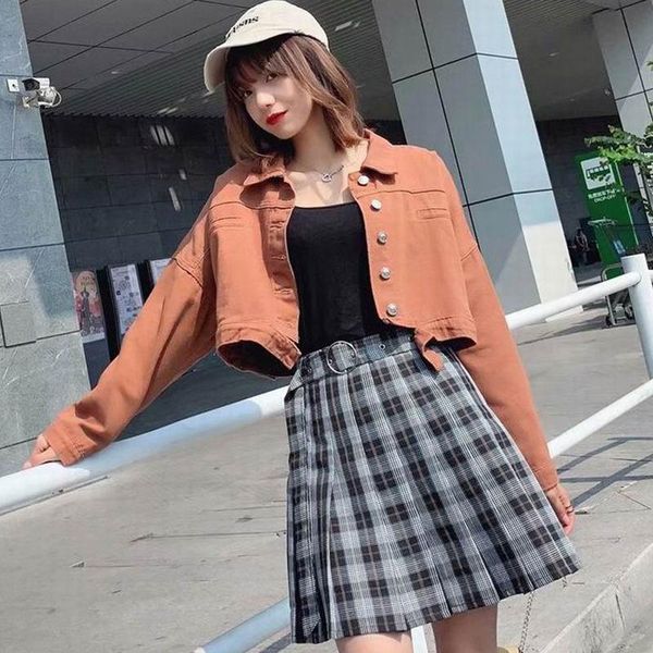 

high waist pleated skirt women's spring and summer 2021 slim student a-shaped plaid skirts, Black