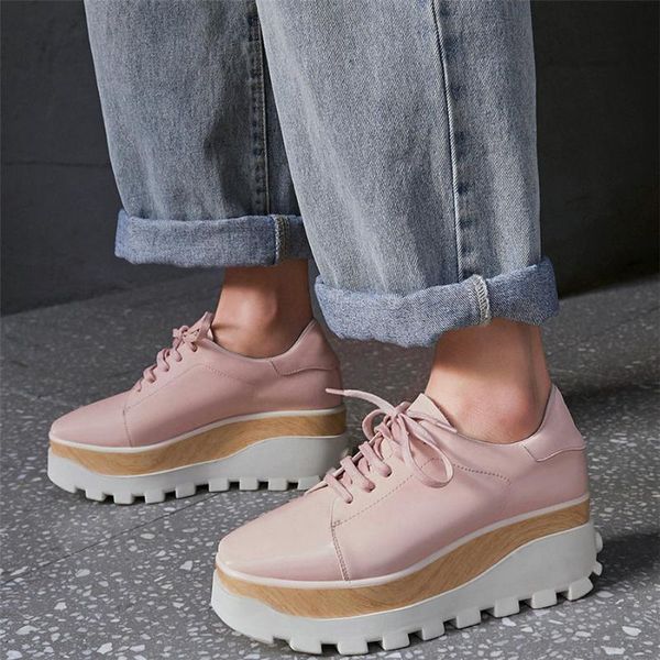 

dress shoes casual women lace up genuine leather high heel pumps female wedge platform square toe fashion sneakers punk creepers, Black