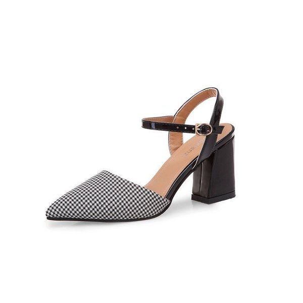 

sandals women's 2021 style summer pointed buckle thick semi-high heeled plaid shoes, Black