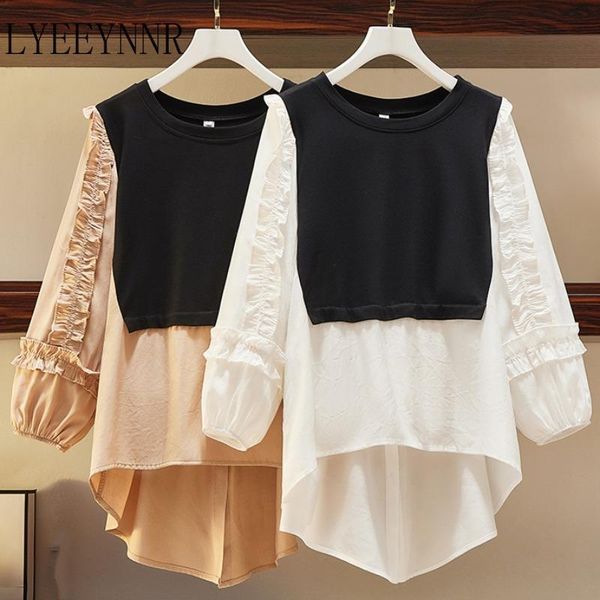 

women's blouses & shirts lyeeynnr autumn long sleeve blouse women contrast color patchwork asymmetrical o neck korean style, White