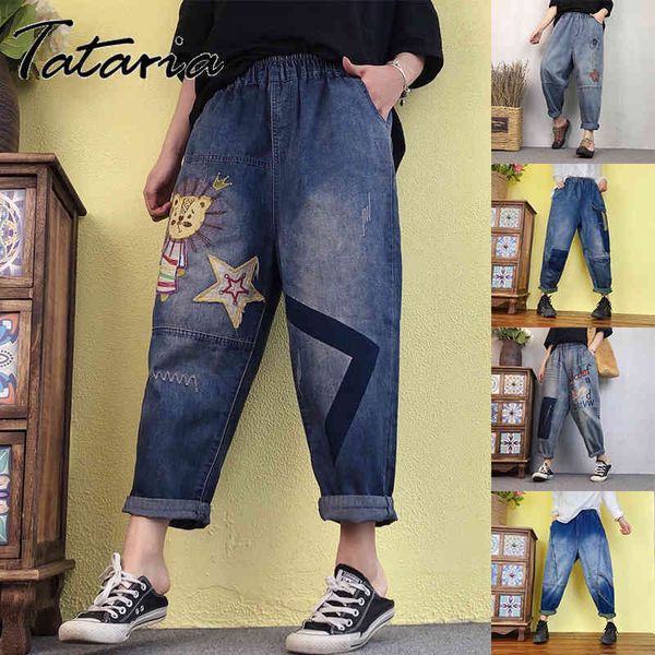 Haremshose für Frauen Baggy Jeans Frühling elastische Taille Baumwolle Denim Stickerei gespleißt Vintage Casual Hose weiblich 210514