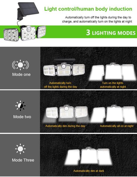 

solar lamps ip65 cob led light outdoor 3 head motion sensor 270 wide angle illumination waterproof lights wall lamp for garden garage