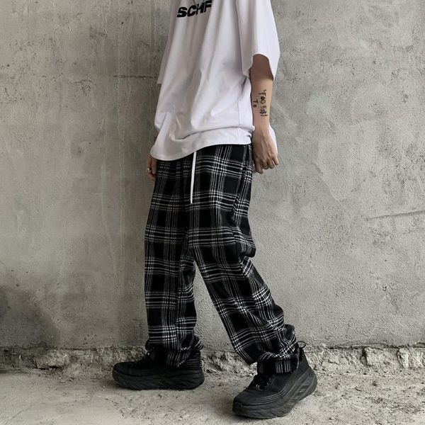 

man casual straight harem pants men korean hip hop track retro black plaid slacks with wide feet mens men's