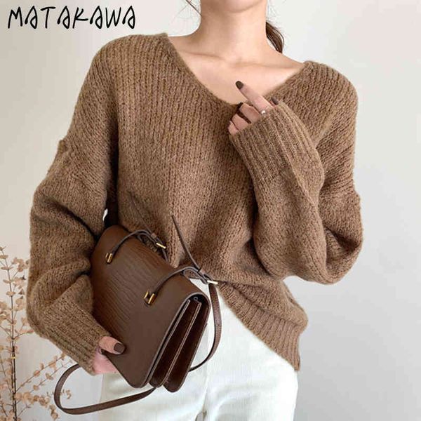 

matakawa loose warmth thickening short pullover pure color sweater women korea chic autumn and winter simple v-neck sweaters 210513, White;black