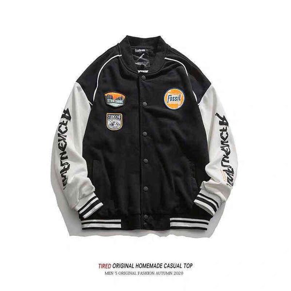 

2021 trend color blocking jacket men's spring and autumn loose baseball suit couple hong kong style versatile casual coat men, Black;brown