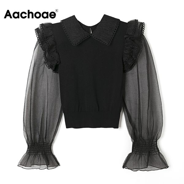 

sweet mesh patchwork knitted cropped blouse women flare long sleeve black ruffles elegant turn down collar shirt, Black;white
