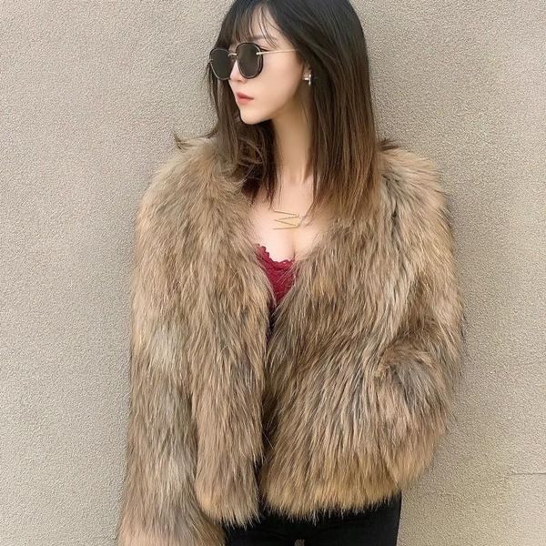

women's fur & faux 2021 real featured leather woven raccoon dog coat simple street warm winter, Black