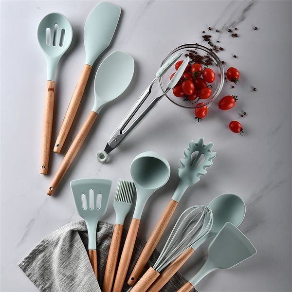 12 pcs / conjunto de cozimento de silicone utensílios de madeira alças de madeira não tóxico pinças espáticas colher cozinha gadgets nonstick cookware eeb5989