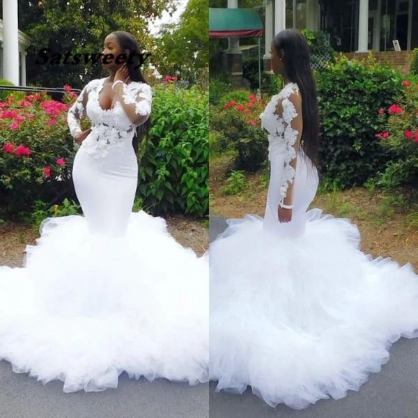 

african mermaid wedding dress ruffles 3d lace appliques plus size bride dresses illusion long sleeves bridal vestidos de novia, White
