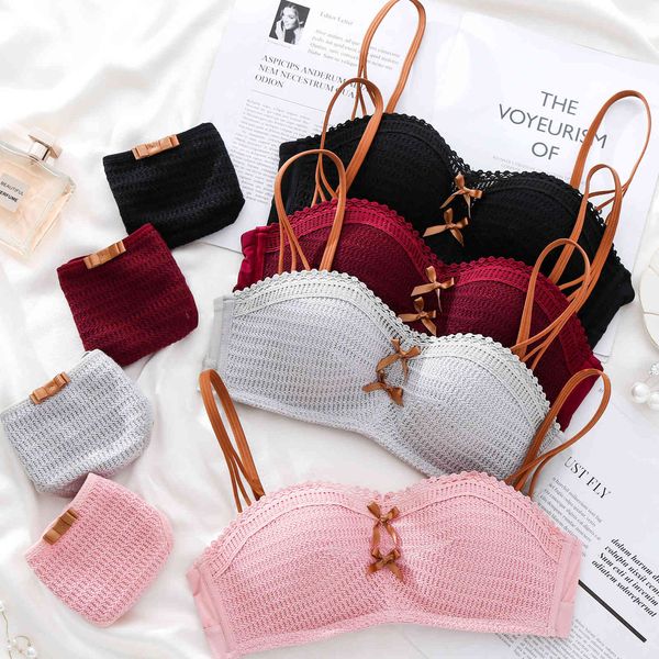 

bras sets japanese and korean girls half cup solid color underwear hollow out bow no steel ring gathered bra set 8943, Red;black