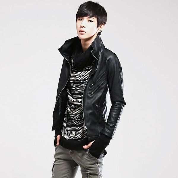 

men's fur & faux 2021 spring metrosexual leather motorcycle coat man british male korean slim jacket singer costumes, Black