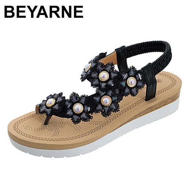 

dress shoes beyarne women toepost flower pearl elastic band beach roman sandals with crossed straps, Black