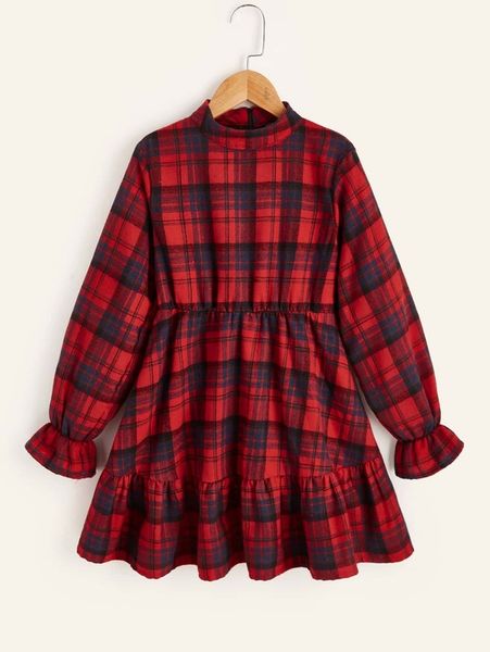 

girls plaid print ruffle hem dress she, Red;yellow