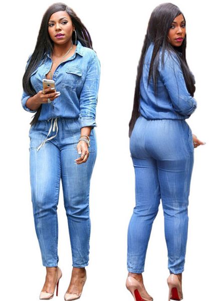 Moda Tracksuits Womens Vintage Plus Size Jeans Jumpsuit Romper Botão de Manga Longa Macacões para Mulheres Jump Terno Combination Outfits Ao Ar Livre S-3XL