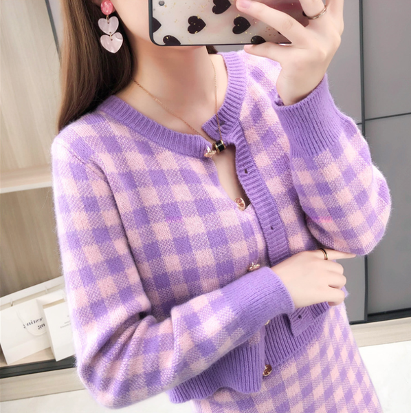 

new fresh and sweet three-piece sweater gentle style knit suit sweater matching sets women plaid vintage dress sets for women, Black;gray
