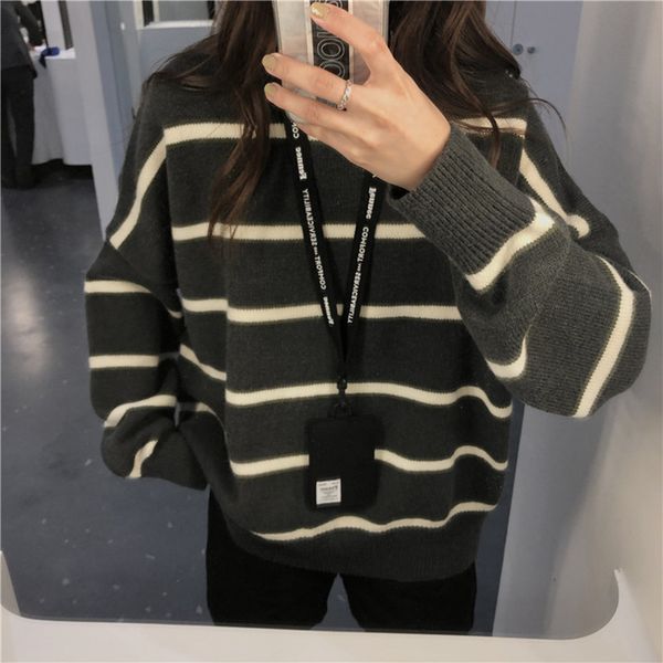 

autumn winter women pullovers and sweaters korean style loose breif stripe thick warm female knitted sweater (c9369) 210508, White;black