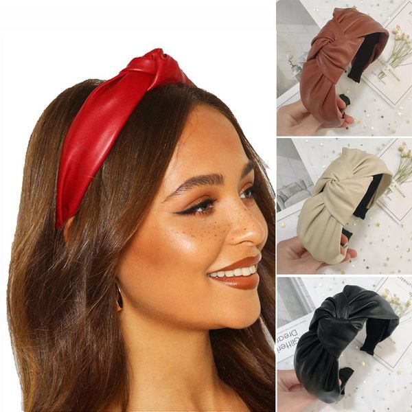 

solid pu leather knot headbands fashion handmade wide hairbands bezel for women girls hair hoop accessories headwear