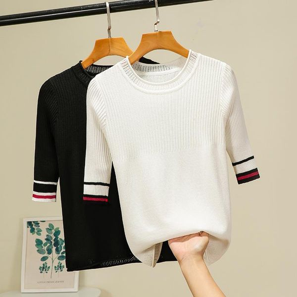 

summer fashion knitted short sleeves women tees v neck o rib female casual, White