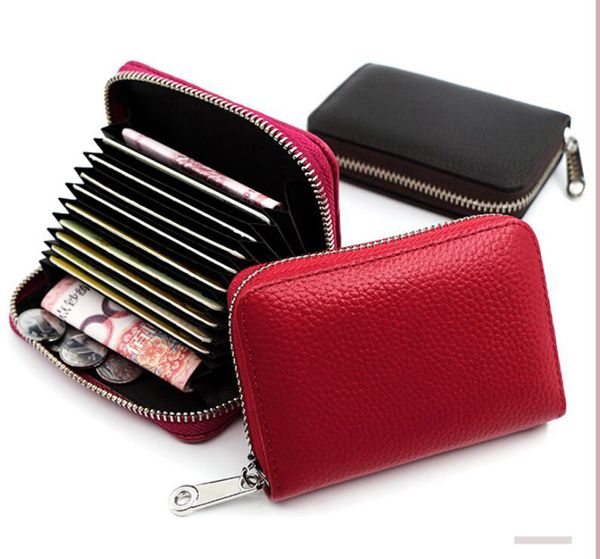 

korean rfid prevent fraud money clips female first layer leather organ card holder rose colorful zipper id -card holder small coin purse, Black