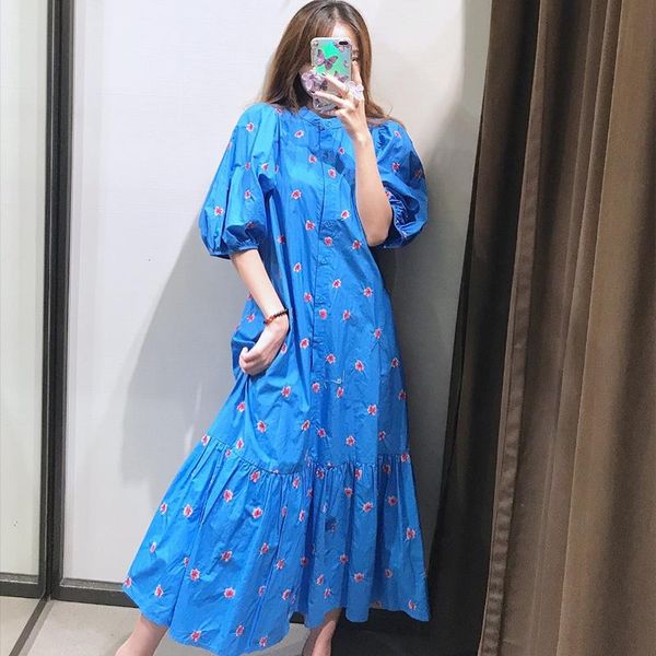 

party dresses 2021 summer dress women long maxi vintage puff sleeve floral embroidery blue loose o-neck casual female clothing korean, White;black