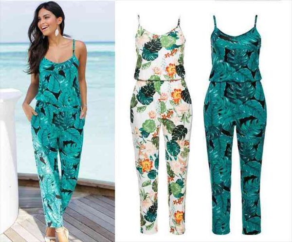 

casual style floral printed romper playsuit jumpsuit women long pants beach casual siamese trousers women clothes, Black;white