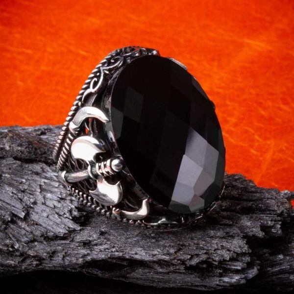 

men silver ring with oval black zircon stone and ax motif made in turkey solid 925 sterling cluster rings, Golden;silver