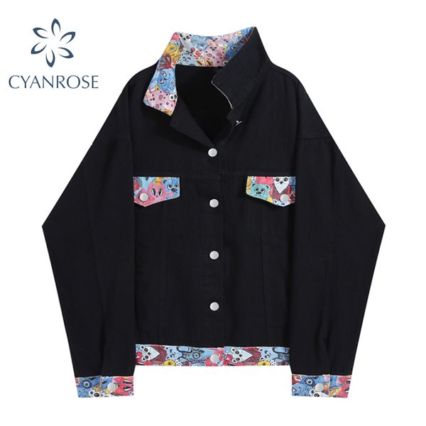 

women's streetwear black coat chic print spliced fashion cardigan jacket female long sleeve harajuku oversized bf outerwear 210417, Black;brown