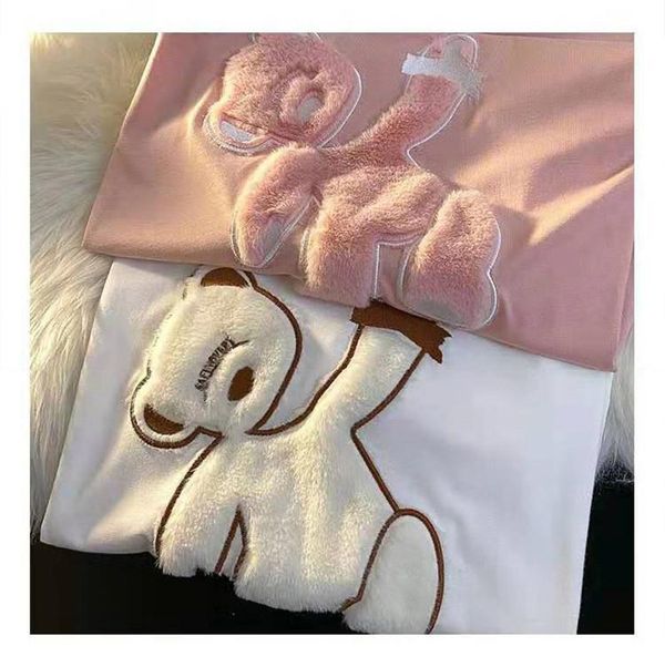 

women's t-shirt summer college style cartoon flocking half-sleeved mid-length loose round neck simple and versatile casual women, White