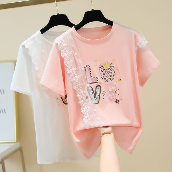 Lantejoulas Beading Letter Branco Camiseta Mulheres Camisetas Femininas Verão Tops T-shirt Cor-de-rosa da Forma Coreana Camiseta Femme 210604