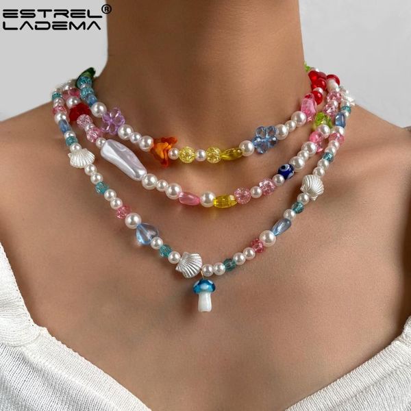 

chains bohemia colorful mushroom heart irregular pearl beads necklace for women acrylic shell butterfly flower beaded necklaces jewelry, Silver