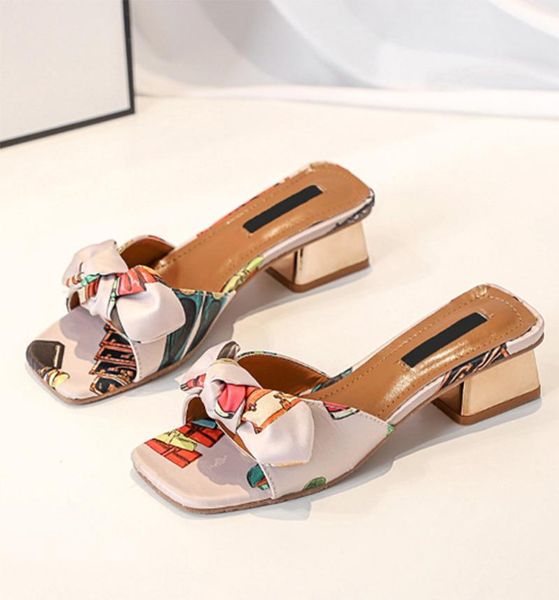 

slippers print butterfly-knot silk women square toe pantufa slip on open flipflop shoes woman metal thick heels slides mujer, Black