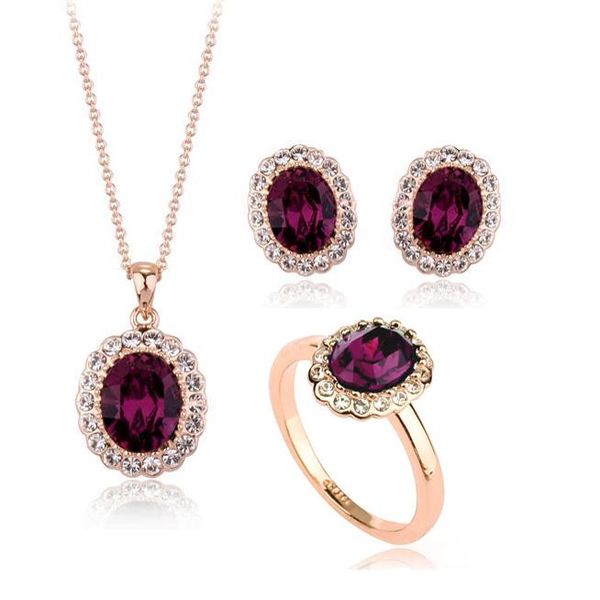 

earrings & necklace ociki rose gold color jewelry set cubic zirconia cz purple crystal wedding chokers and ring for women gift, Silver