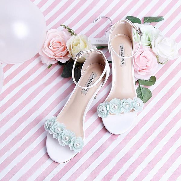 

6cm cross strap open toe summer women's sandals light green flower pearl high heels straight-line buckle wrist bridesmaid, Black