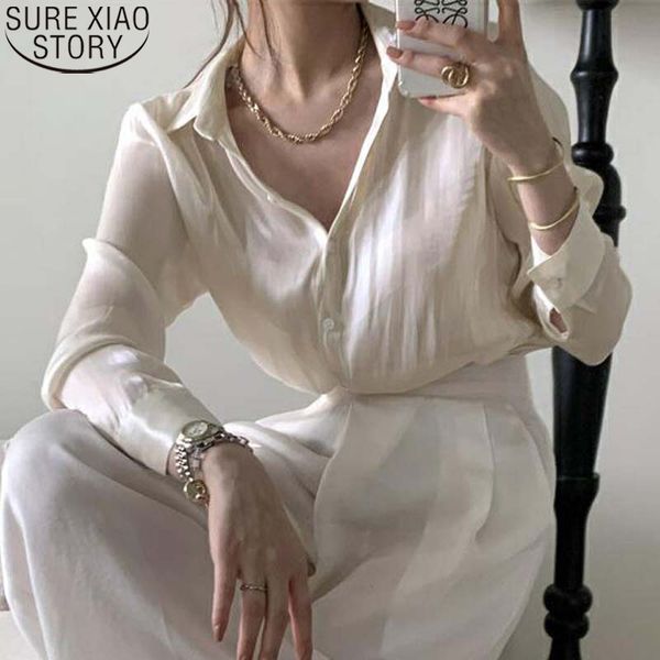 

autumn fashion vintage blouse satin silk shirt women and blouses long sleeve female korean loose thin shirts 11971 210417, White