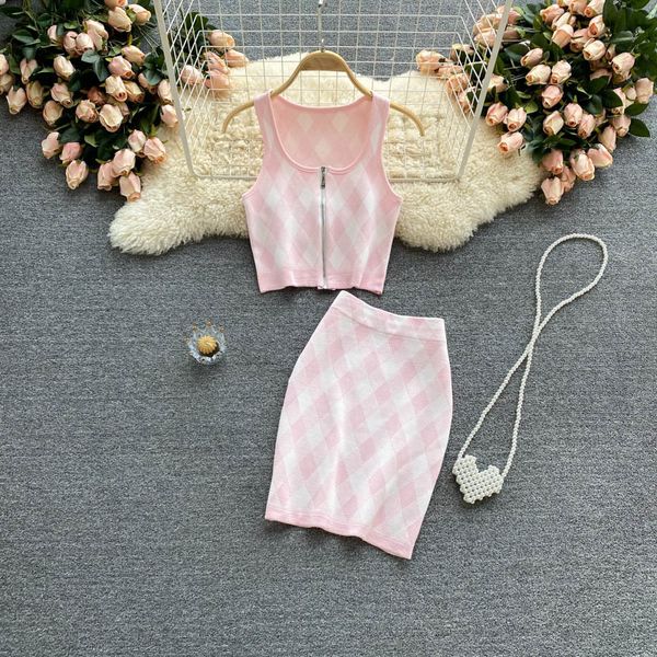 

singreiny women summer fashion plaid knitted set sleeveless zipper o neck short high waist bodycon skirt two piece suit 210419, White