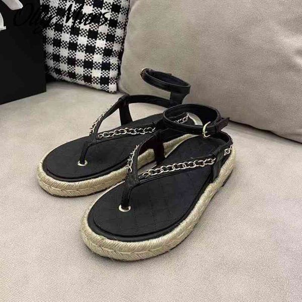 

ollymurs flip flops genuine leather women sandals ankle strap narrow bands summer beach mental chain decor luxury shoes, Black