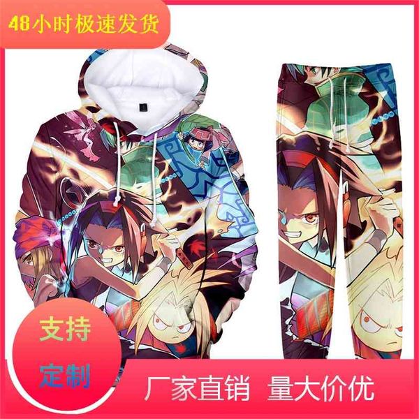 

animation shaman king3d digital color printing cap leggings men's set, Black