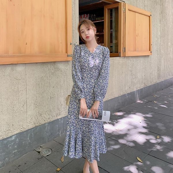 

casual dresses chiffon loose women fashion long-sleeved floral print v-neck dress autumn a-line mid-calf houthion, Black;gray