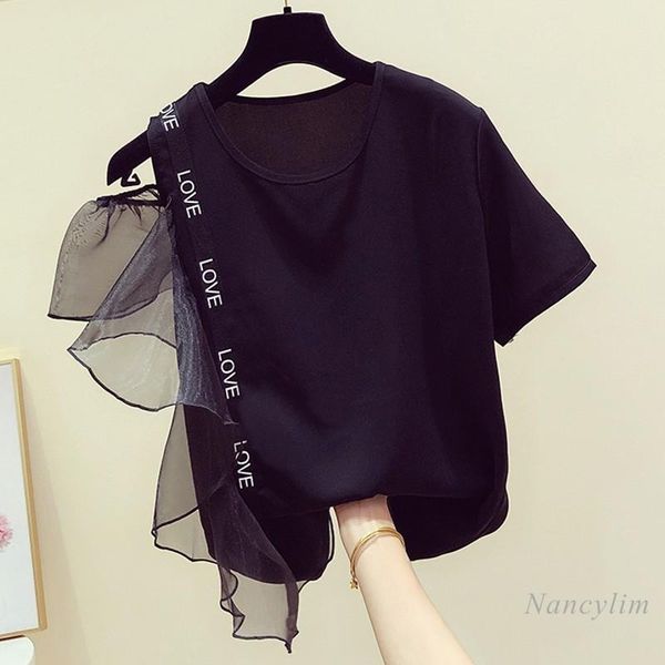 

women's t-shirt chiffon tshirt for women 2021 summer korean style letters print ruffles round neck short sleeve female casual top, White