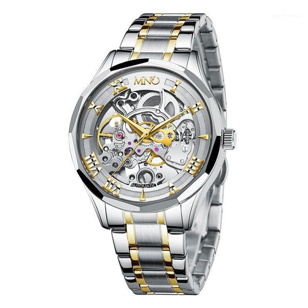 

wristwatches men's mechanical watch hollow fashion leisure business luxury tourbillon automatic steel band waterproof student, Slivery;brown