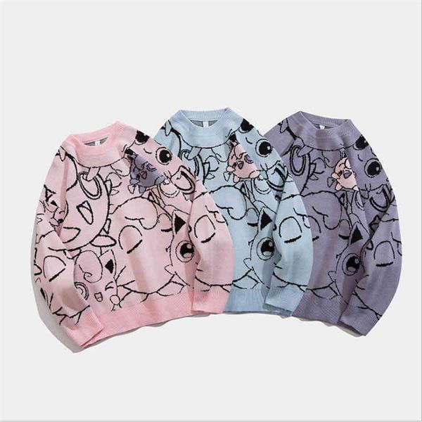 

harajuku oversized men's cute monster graphic loose japan classic o-neck sweater y2k jumpers couple pullovers, White;black