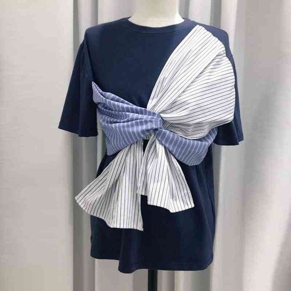 

korean fashion bow patchwork shirts for women casual o-neck all match t shirt summer simple short sleeve woman 210514, White