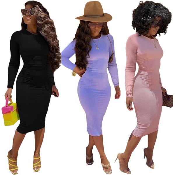 

casual dresses autumn long sleeve round neck solid color women dress vestidos, Black;gray