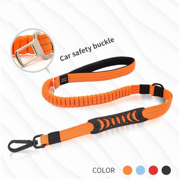 

dog collars & leashes nylon reflective elastic trainning pet lead multifunctional bungee leash explosion-proof buffer car seat belt collar