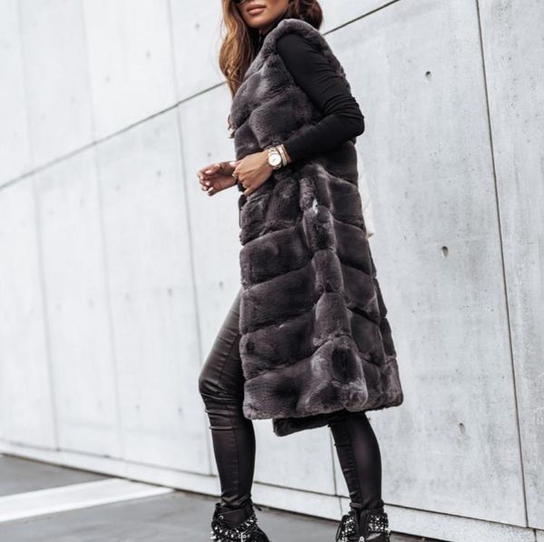 

autumn/winter long fashionable round neck fur vest jacket coat, Black