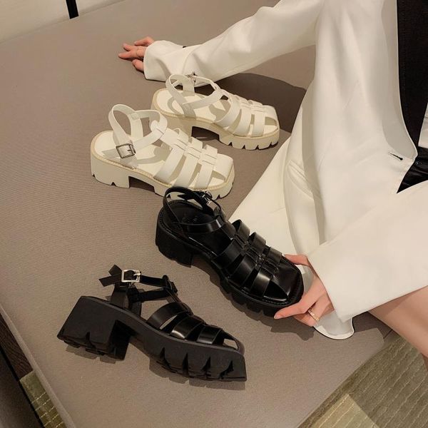 

sandals summer women's baotou hollow with thick soled high heel roman shoes, Black